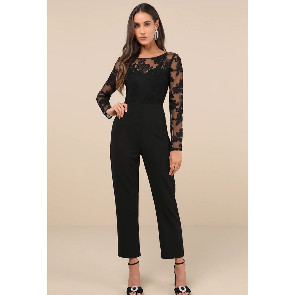 NWT Lulu's Black Lace-Sleeve High-Waist Jumpsuit